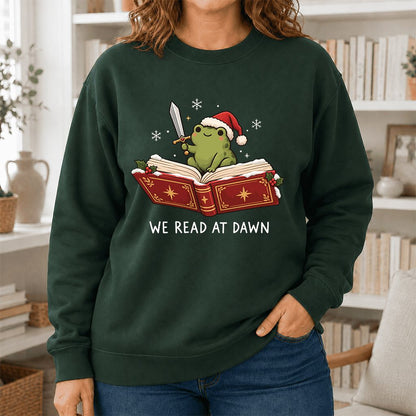 We Read At Dawn Frog Printed Sweatshirt | Christmas Book Lover Gift Forest Green
