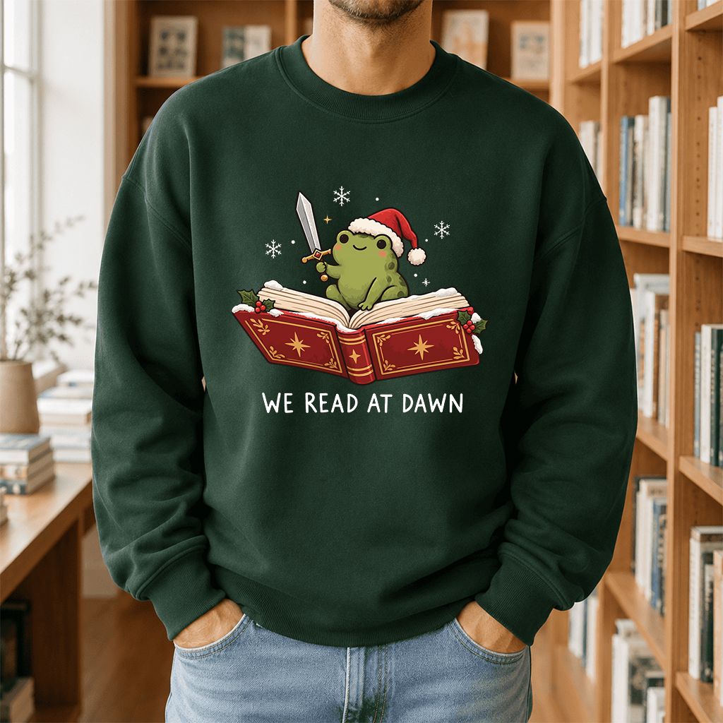We Read At Dawn Frog Printed Sweatshirt | Christmas Book Lover Gift Forest Green