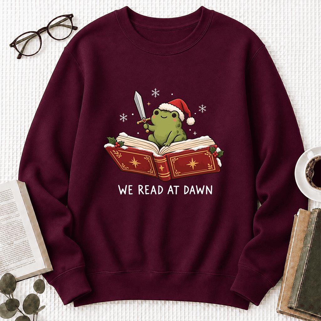 We Read At Dawn Frog Printed Sweatshirt | Christmas Book Lover Gift Maroon