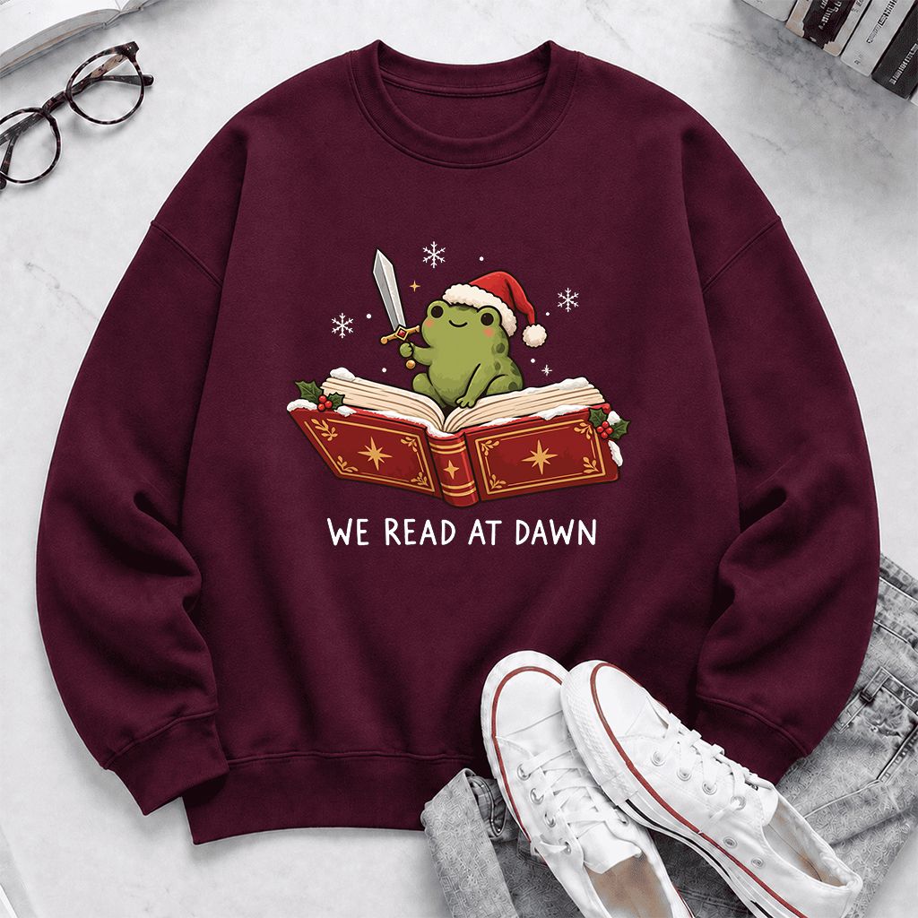 We Read At Dawn Frog Printed Sweatshirt | Christmas Book Lover Gift Maroon