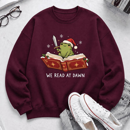 We Read At Dawn Frog Printed Sweatshirt | Christmas Book Lover Gift Maroon