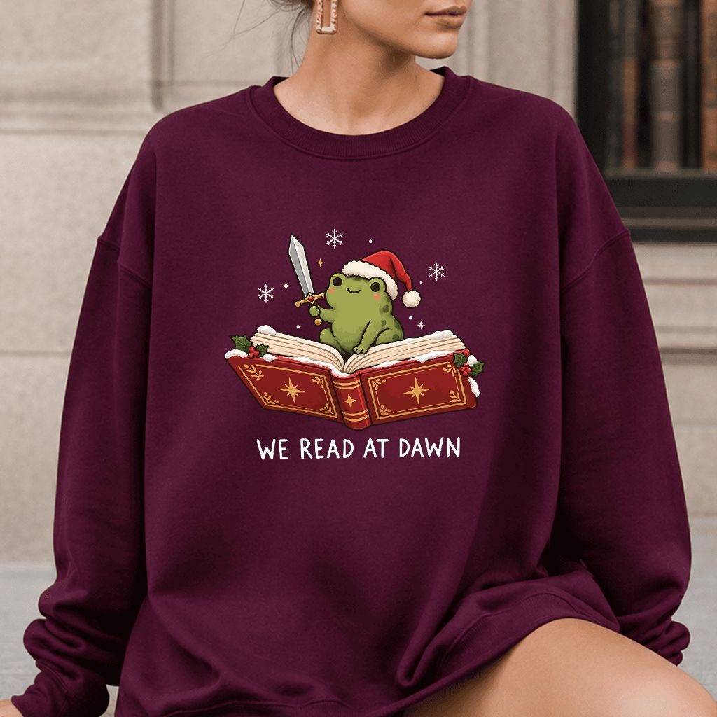 We Read At Dawn Frog Printed Sweatshirt | Christmas Book Lover Gift Maroon