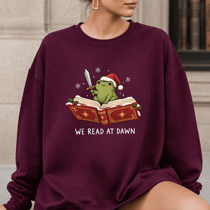 We Read At Dawn Frog Printed Sweatshirt | Christmas Book Lover Gift Maroon