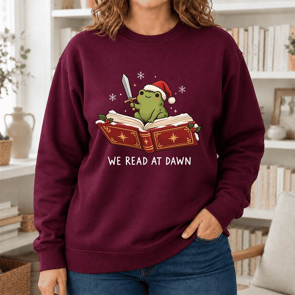 We Read At Dawn Frog Printed Sweatshirt | Christmas Book Lover Gift Maroon
