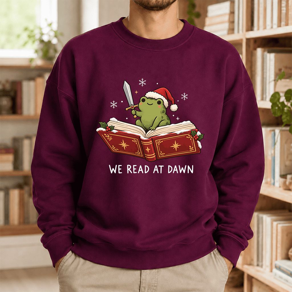 We Read At Dawn Frog Printed Sweatshirt | Christmas Book Lover Gift Maroon