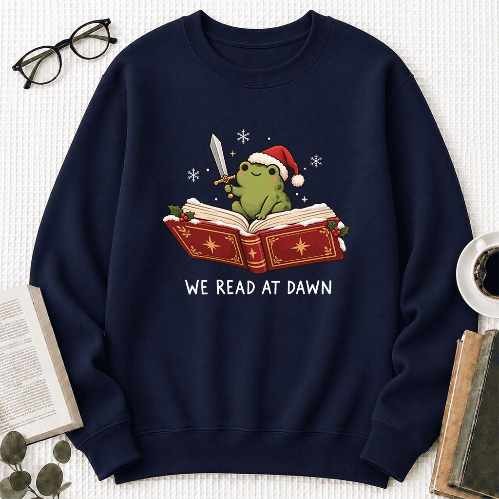 We Read At Dawn Frog Printed Sweatshirt | Christmas Book Lover Gift Navy