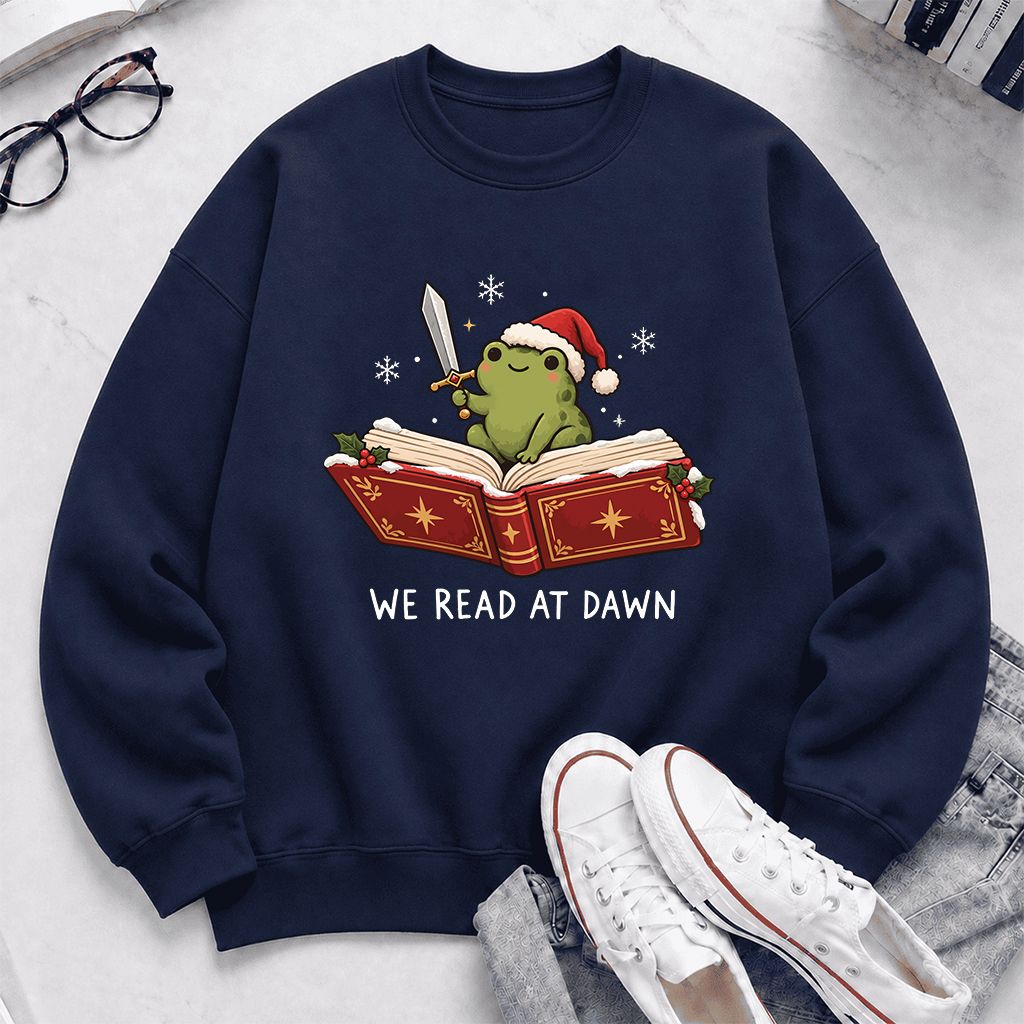 We Read At Dawn Frog Printed Sweatshirt | Christmas Book Lover Gift Navy