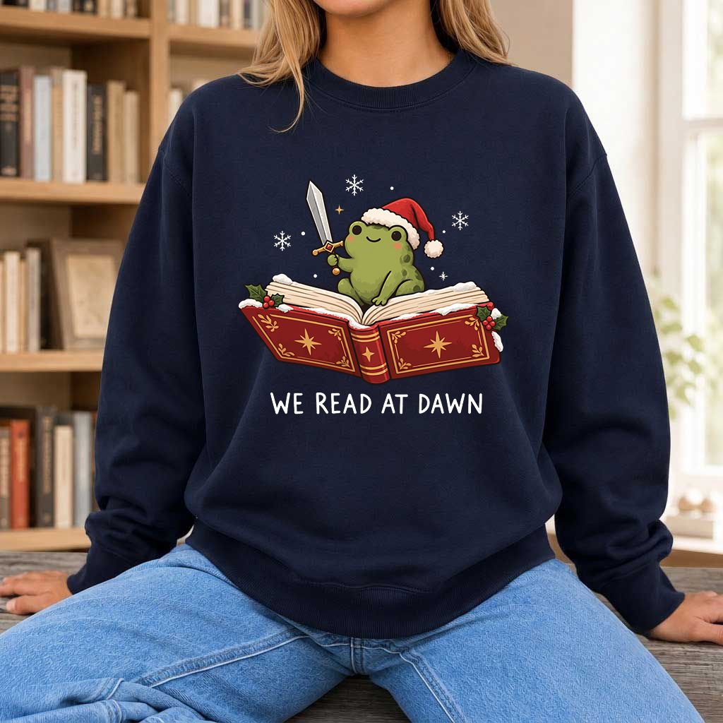 We Read At Dawn Frog Printed Sweatshirt | Christmas Book Lover Gift Navy