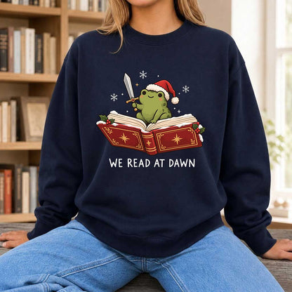 We Read At Dawn Frog Printed Sweatshirt | Christmas Book Lover Gift Navy