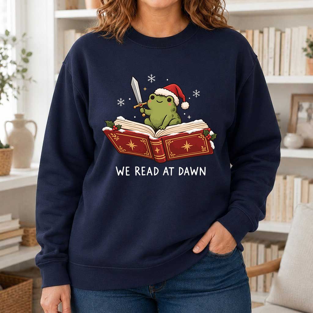 We Read At Dawn Frog Printed Sweatshirt | Christmas Book Lover Gift Navy