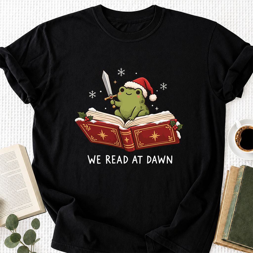 We Read At Dawn Frog Printed T-Shirt | Christmas Book Lover Gift Black