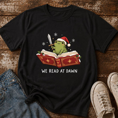 We Read At Dawn Frog Printed T-Shirt | Christmas Book Lover Gift Black
