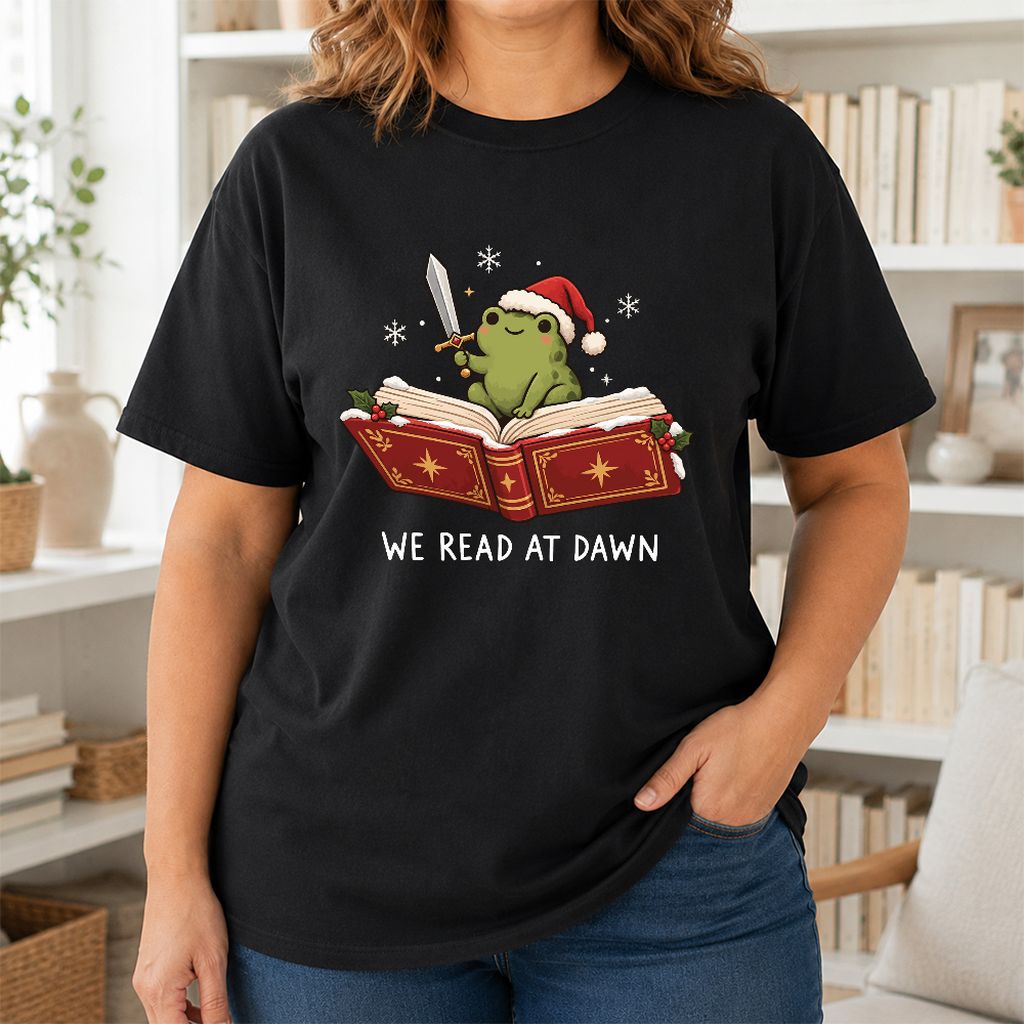 We Read At Dawn Frog Printed T-Shirt | Christmas Book Lover Gift Black