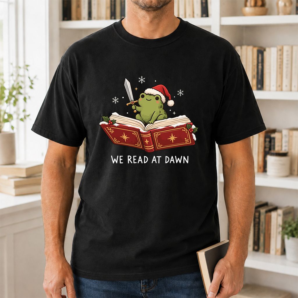 We Read At Dawn Frog Printed T-Shirt | Christmas Book Lover Gift Black