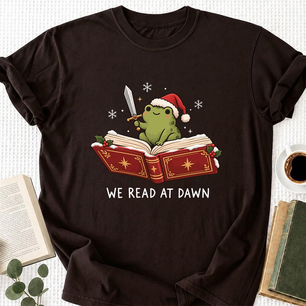 We Read At Dawn Frog Printed T-Shirt | Christmas Book Lover Gift Dark Chocolate