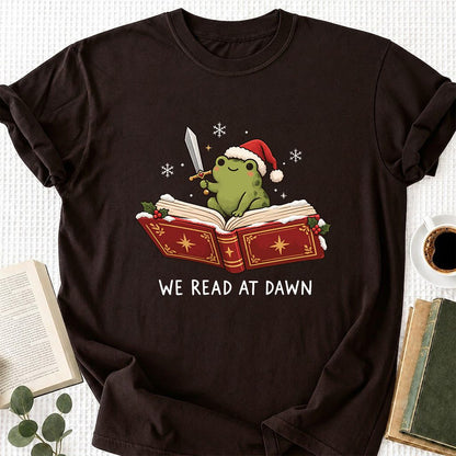 We Read At Dawn Frog Printed T-Shirt | Christmas Book Lover Gift Dark Chocolate