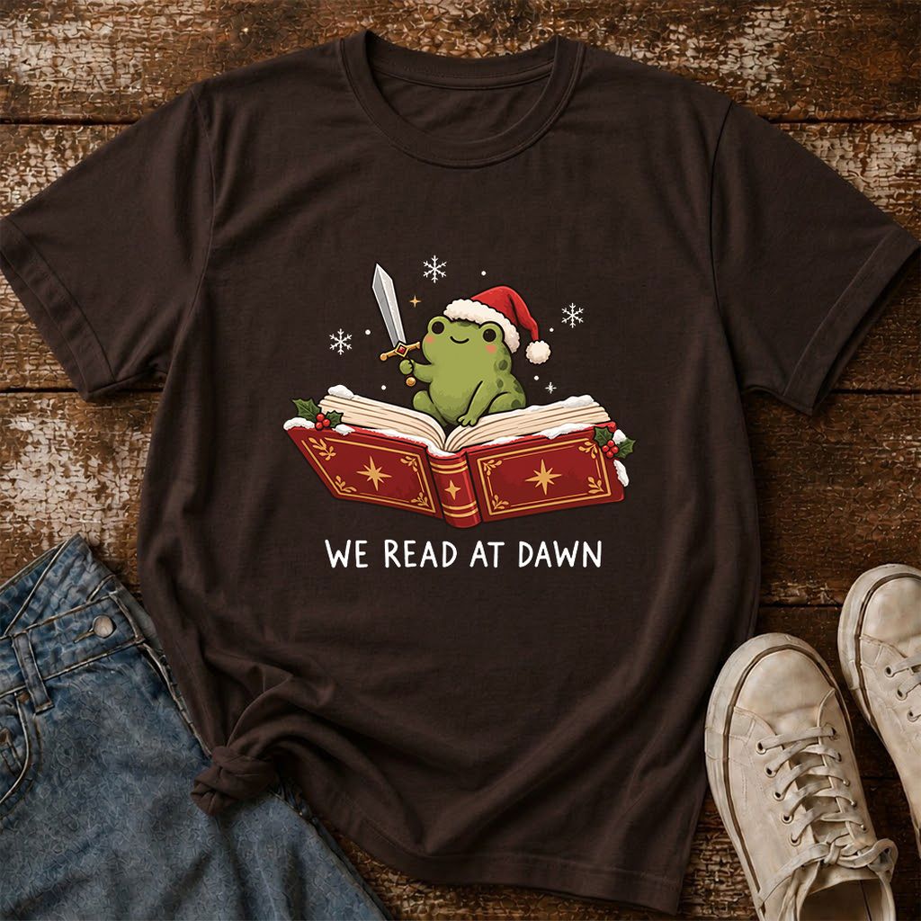 We Read At Dawn Frog Printed T-Shirt | Christmas Book Lover Gift Dark Chocolate