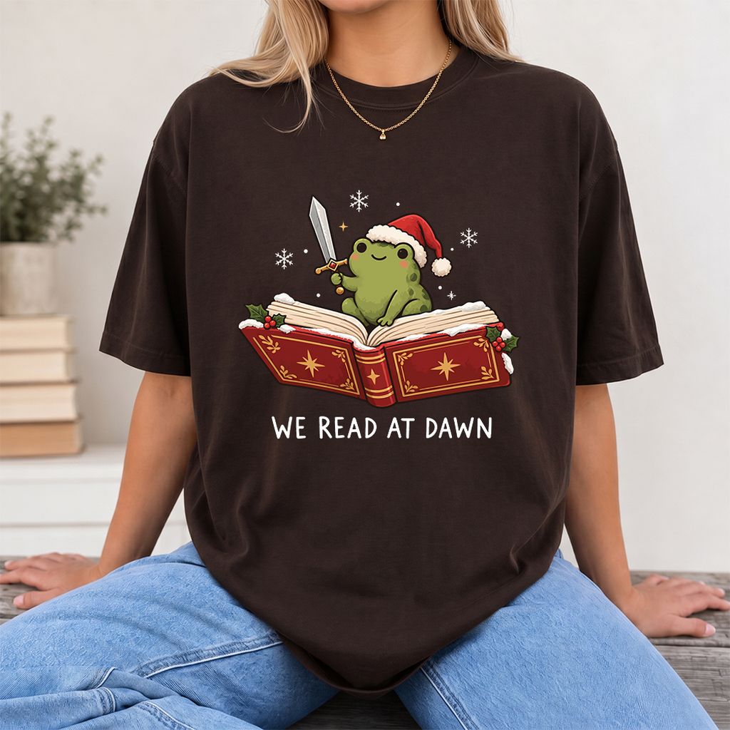 We Read At Dawn Frog Printed T-Shirt | Christmas Book Lover Gift Dark Chocolate