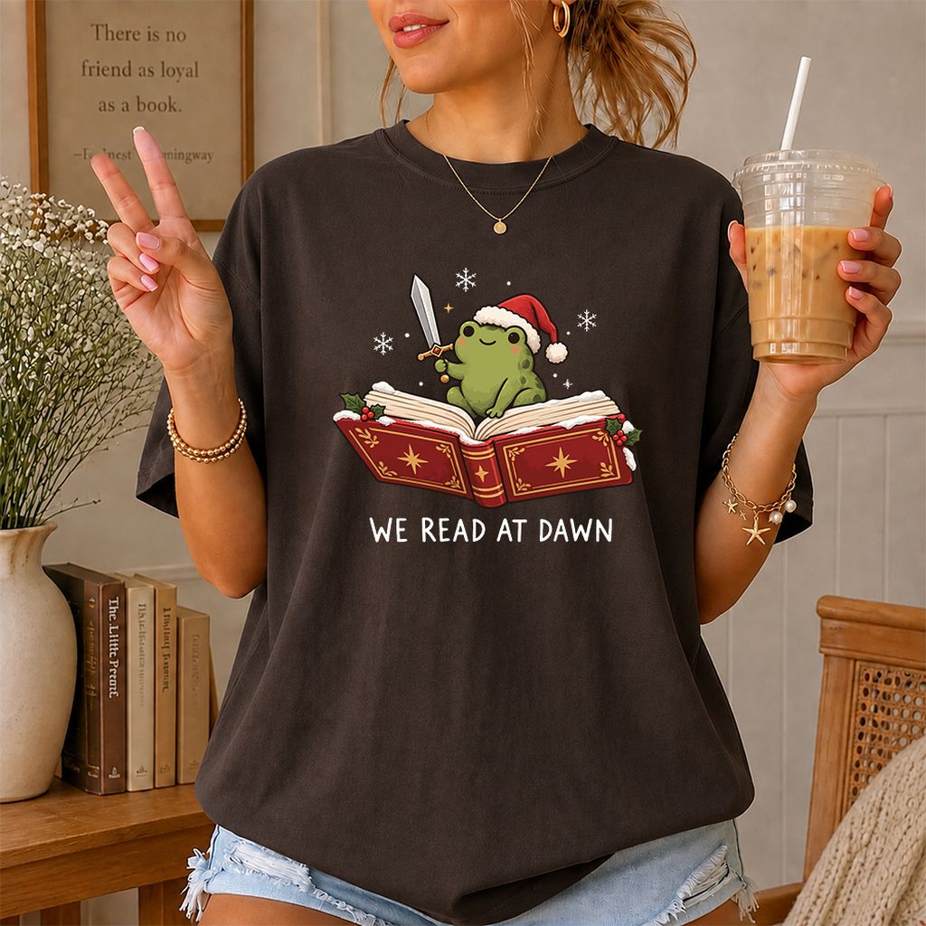 We Read At Dawn Frog Printed T-Shirt | Christmas Book Lover Gift Dark Chocolate