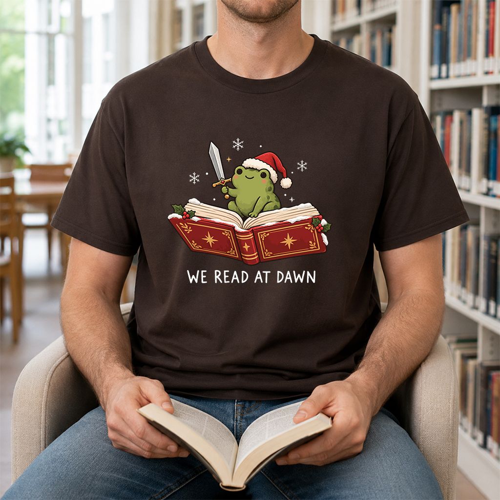 We Read At Dawn Frog Printed T-Shirt | Christmas Book Lover Gift Dark Chocolate