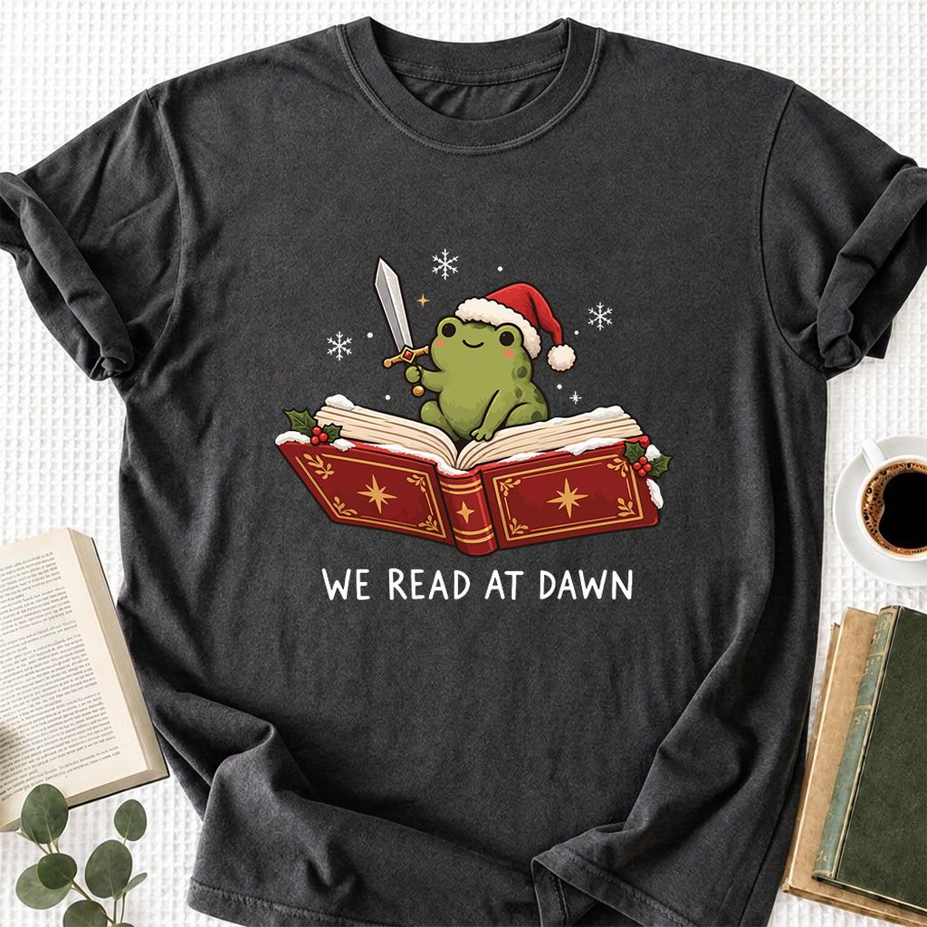 We Read At Dawn Frog Printed T-Shirt | Christmas Book Lover Gift Dark Heather