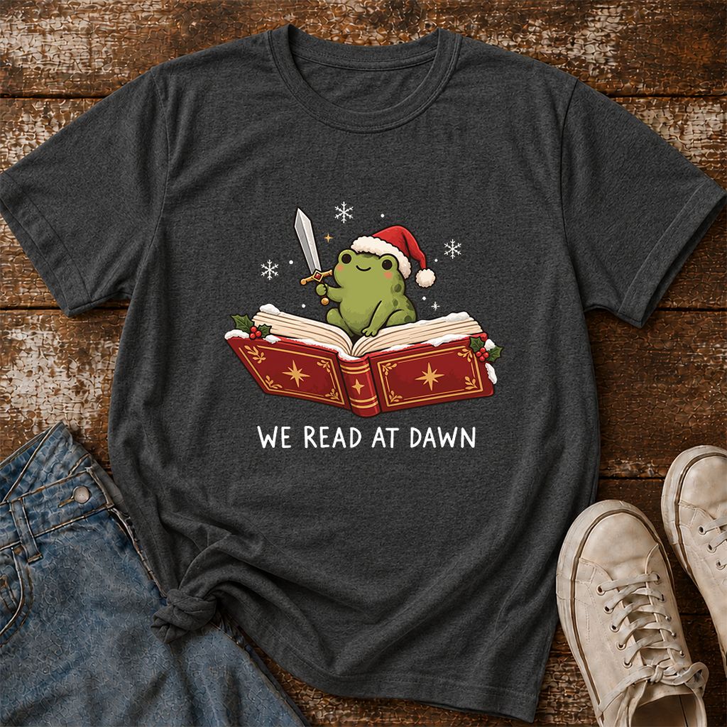 We Read At Dawn Frog Printed T-Shirt | Christmas Book Lover Gift Dark Heather