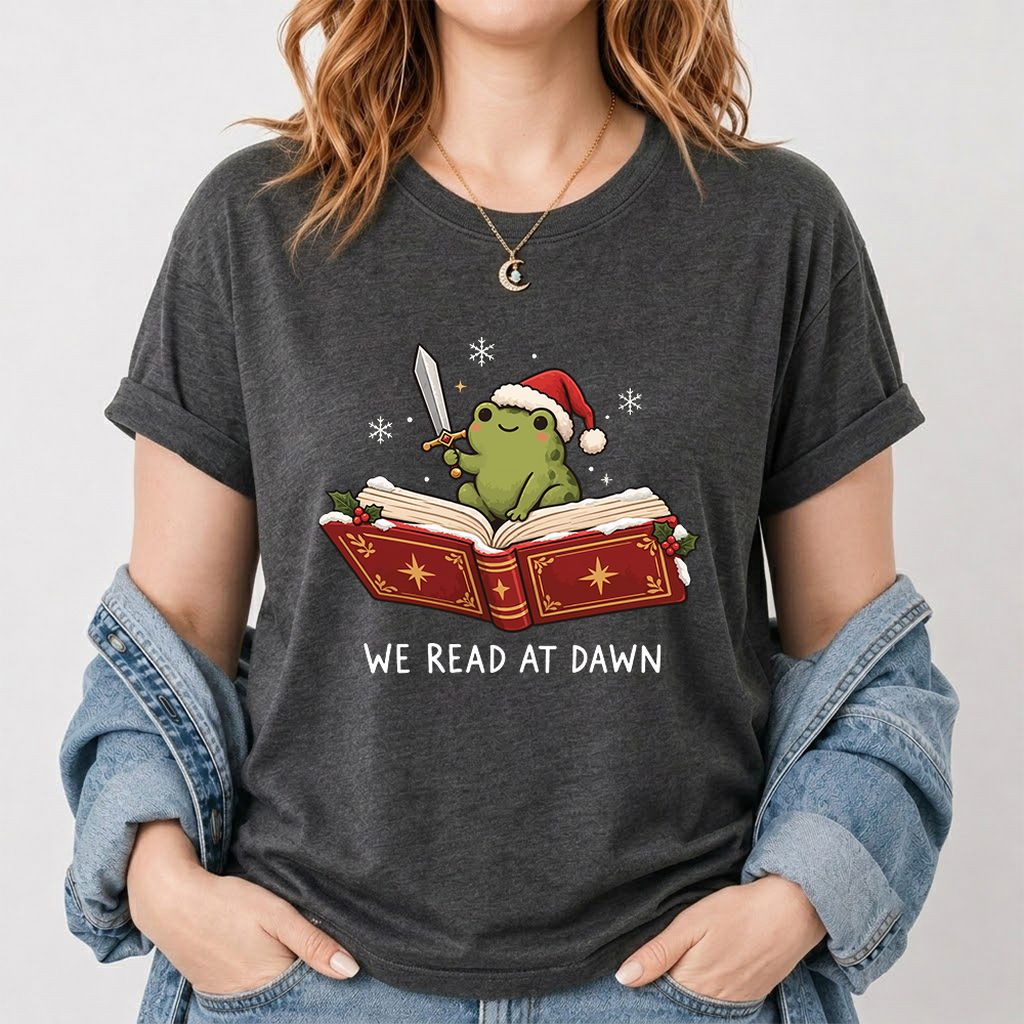 We Read At Dawn Frog Printed T-Shirt | Christmas Book Lover Gift Dark Heather