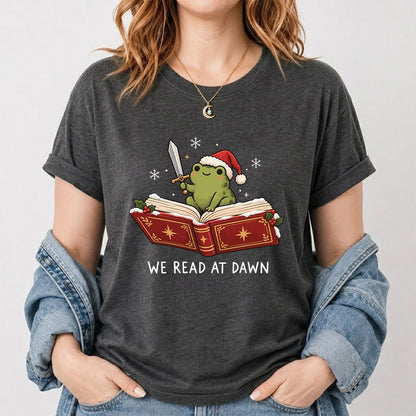 We Read At Dawn Frog Printed T-Shirt | Christmas Book Lover Gift Dark Heather
