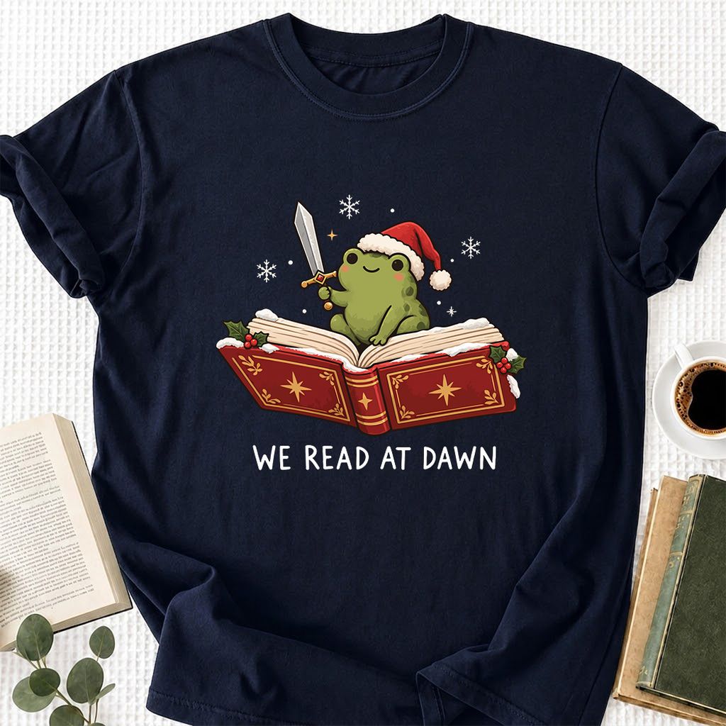 We Read At Dawn Frog Printed T-Shirt | Christmas Book Lover Gift Navy
