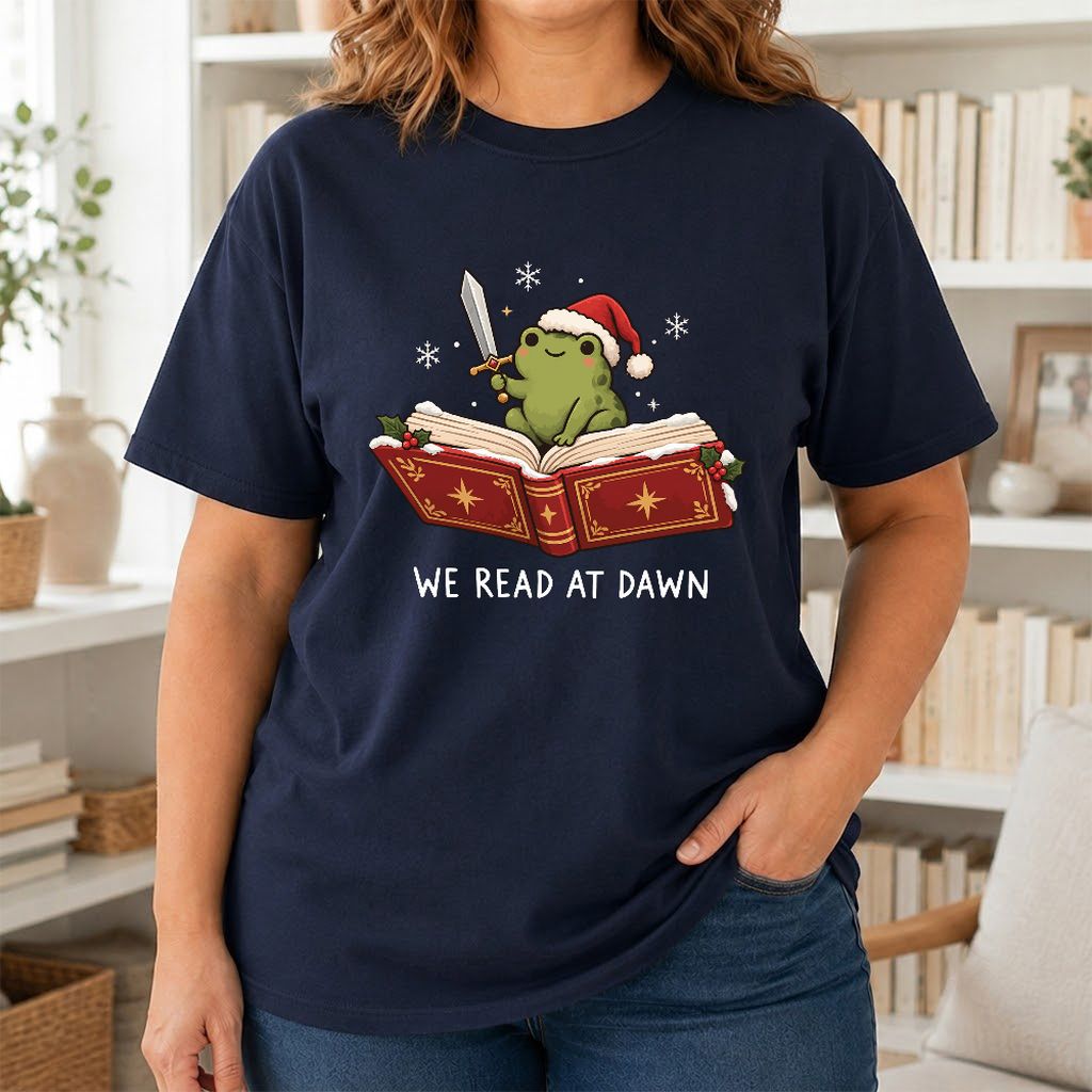 We Read At Dawn Frog Printed T-Shirt | Christmas Book Lover Gift Navy