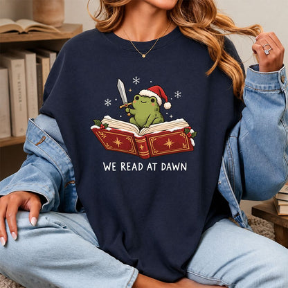 We Read At Dawn Frog Printed T-Shirt | Christmas Book Lover Gift Navy