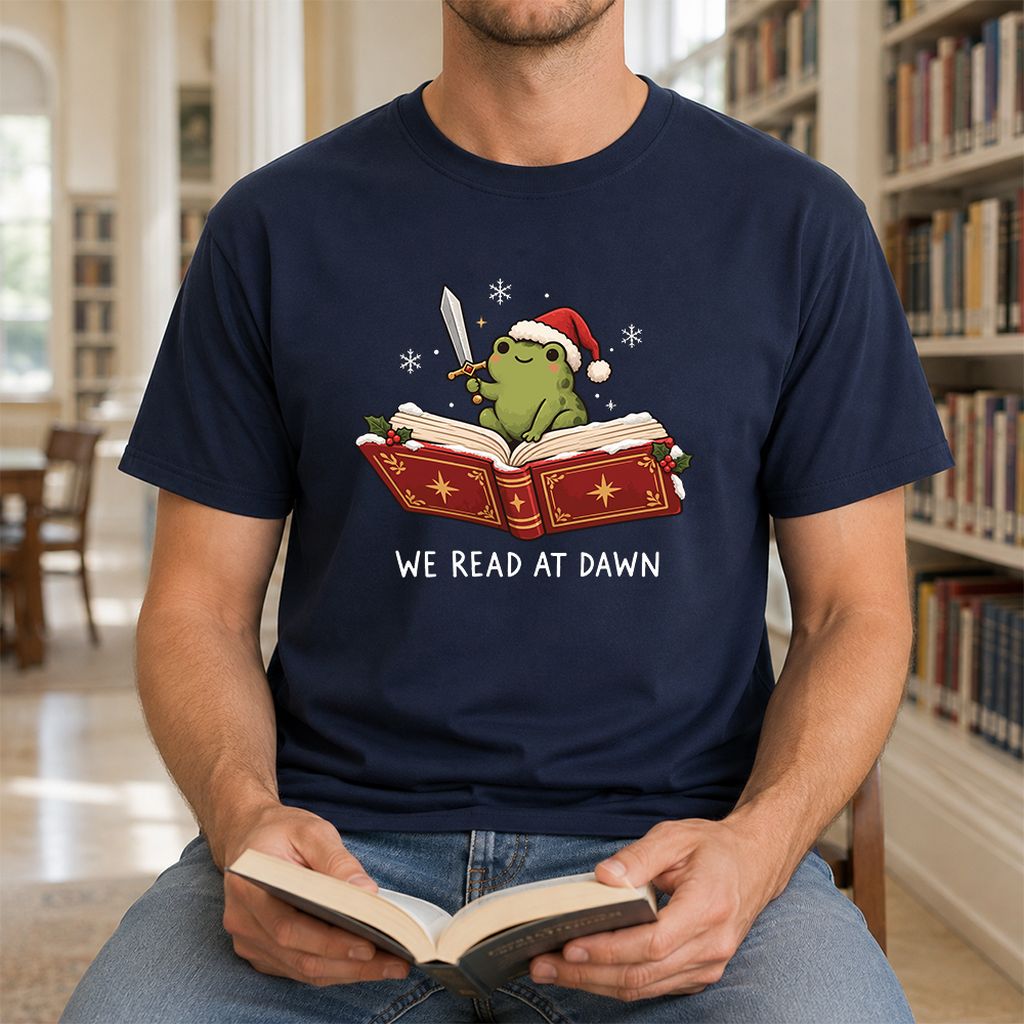 We Read At Dawn Frog Printed T-Shirt | Christmas Book Lover Gift Navy