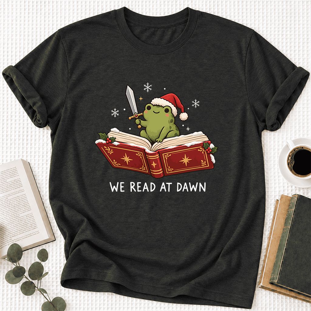 We Read At Dawn Frog Printed Ultra-Soft Cotton T-Shirt | Christmas Reader Gift Black Heather