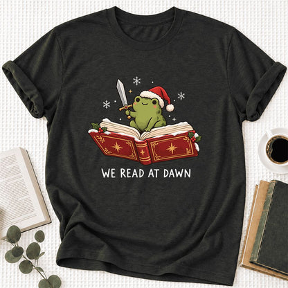 We Read At Dawn Frog Printed Ultra-Soft Cotton T-Shirt | Christmas Reader Gift Black Heather