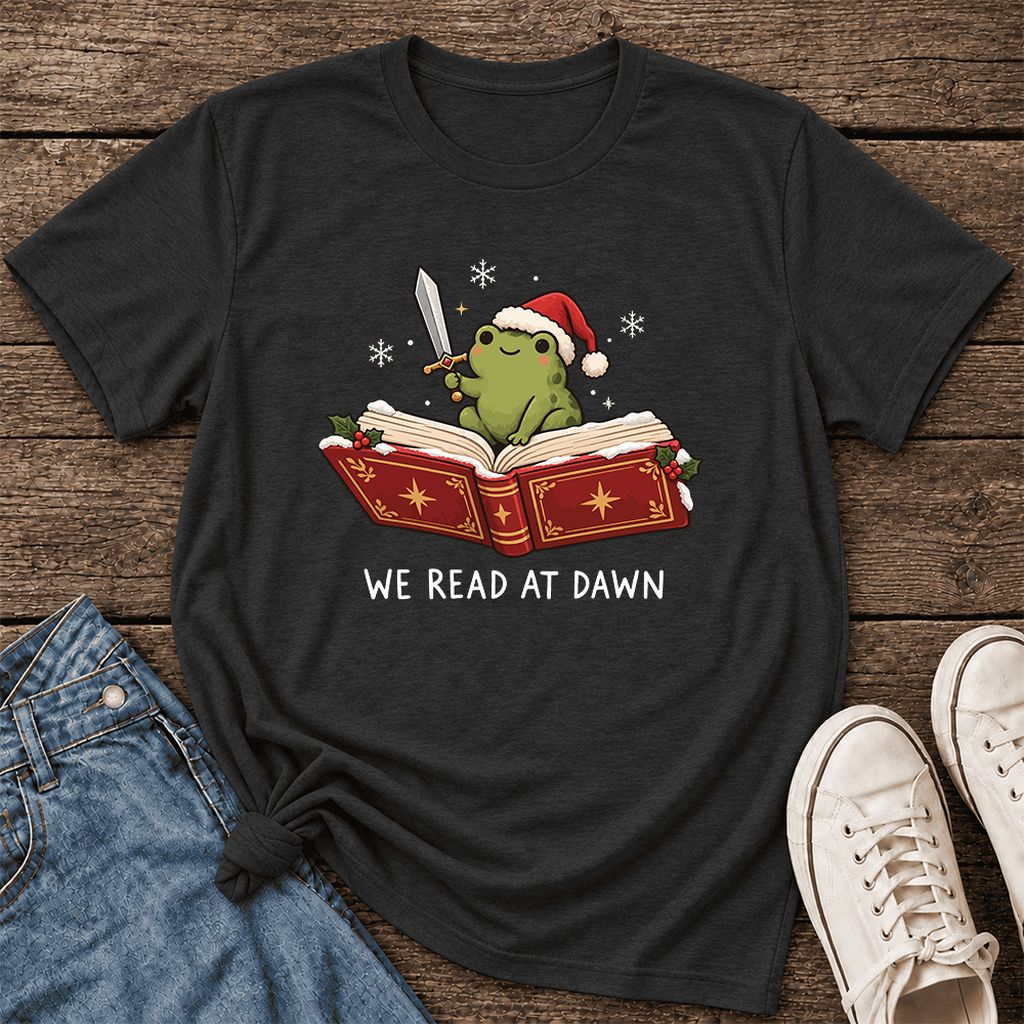 We Read At Dawn Frog Printed Ultra-Soft Cotton T-Shirt | Christmas Reader Gift Black Heather