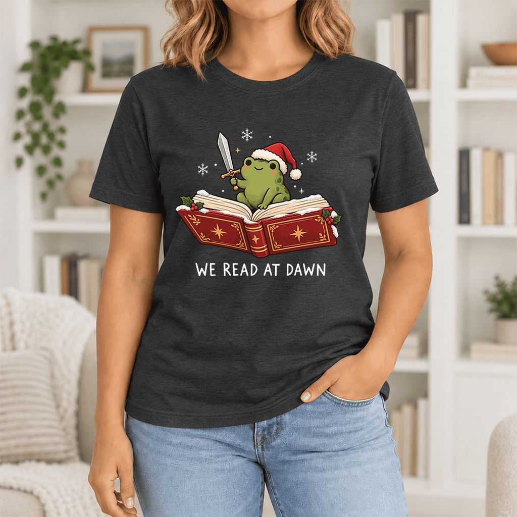 We Read At Dawn Frog Printed Ultra-Soft Cotton T-Shirt | Christmas Reader Gift Black Heather
