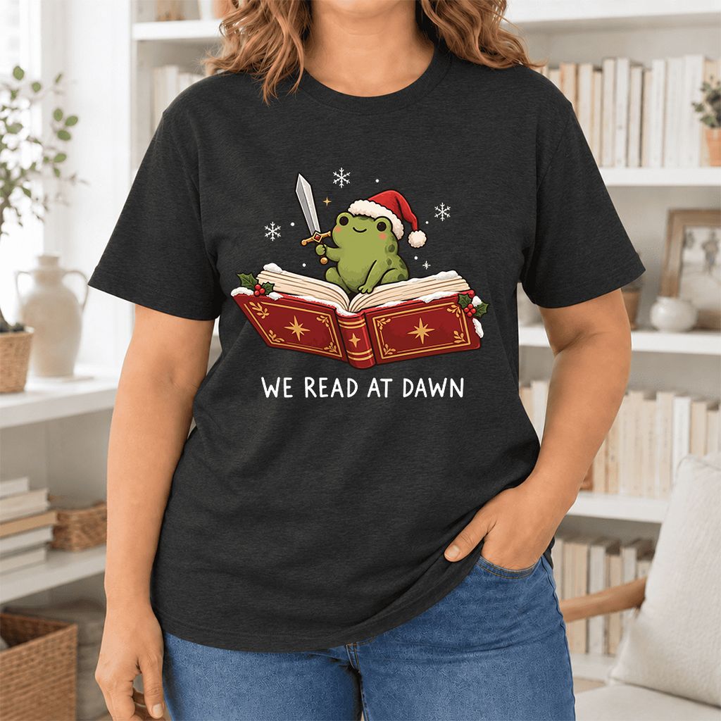 We Read At Dawn Frog Printed Ultra-Soft Cotton T-Shirt | Christmas Reader Gift Black Heather