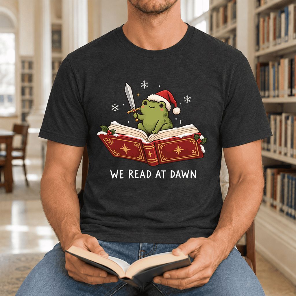 We Read At Dawn Frog Printed Ultra-Soft Cotton T-Shirt | Christmas Reader Gift Black Heather