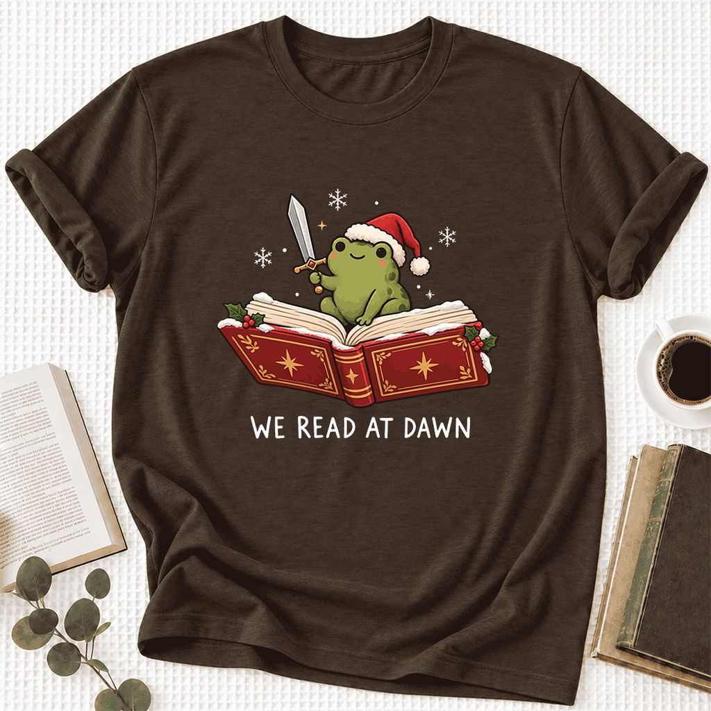 We Read At Dawn Frog Printed Ultra-Soft Cotton T-Shirt | Christmas Reader Gift Brown