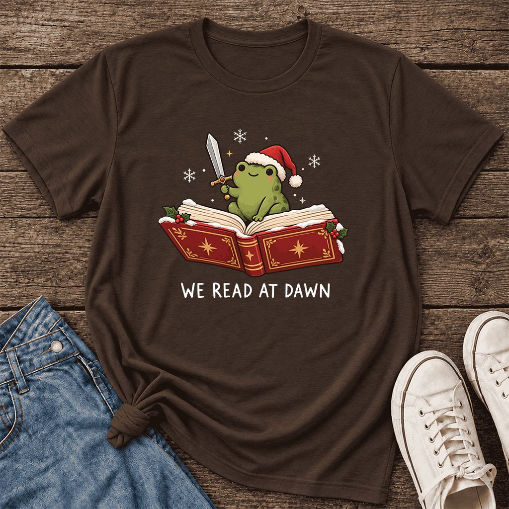 We Read At Dawn Frog Printed Ultra-Soft Cotton T-Shirt | Christmas Reader Gift Brown