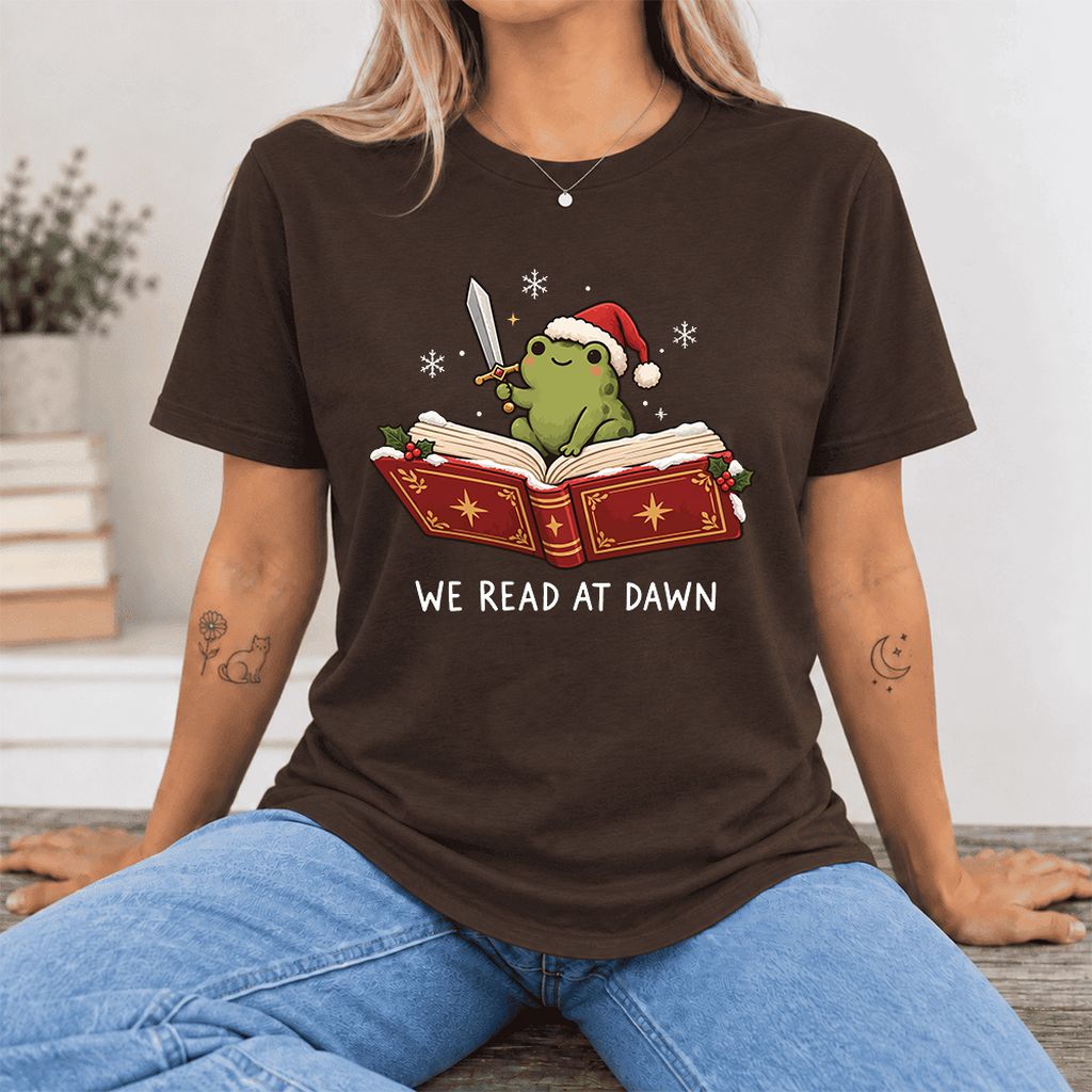 We Read At Dawn Frog Printed Ultra-Soft Cotton T-Shirt | Christmas Reader Gift Brown