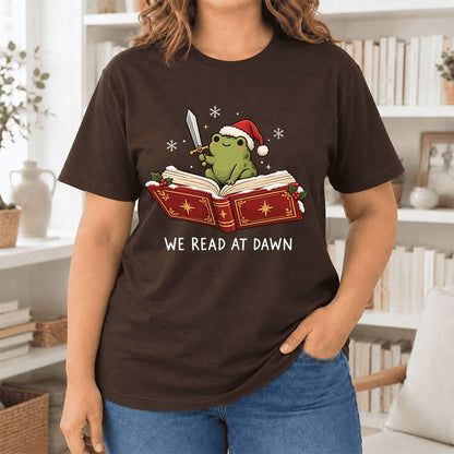 We Read At Dawn Frog Printed Ultra-Soft Cotton T-Shirt | Christmas Reader Gift Brown