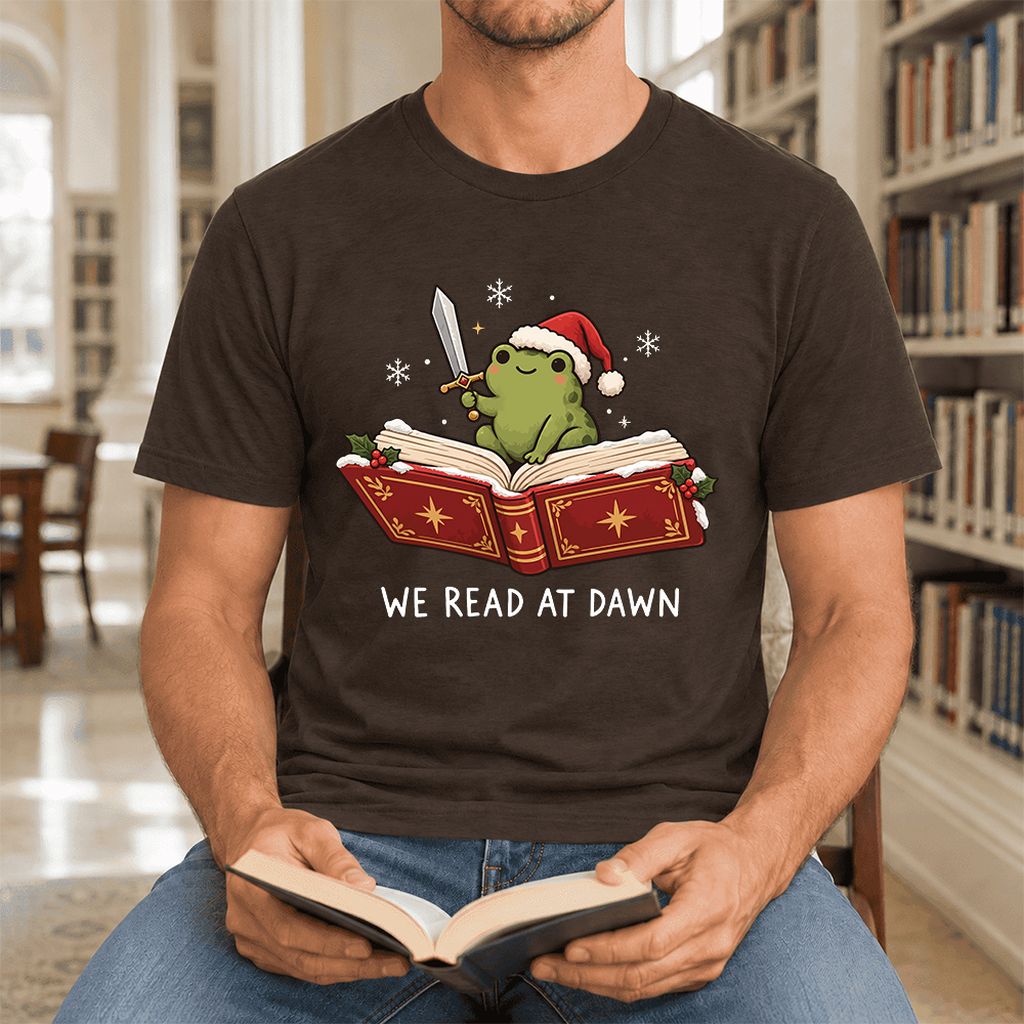 We Read At Dawn Frog Printed Ultra-Soft Cotton T-Shirt | Christmas Reader Gift Brown