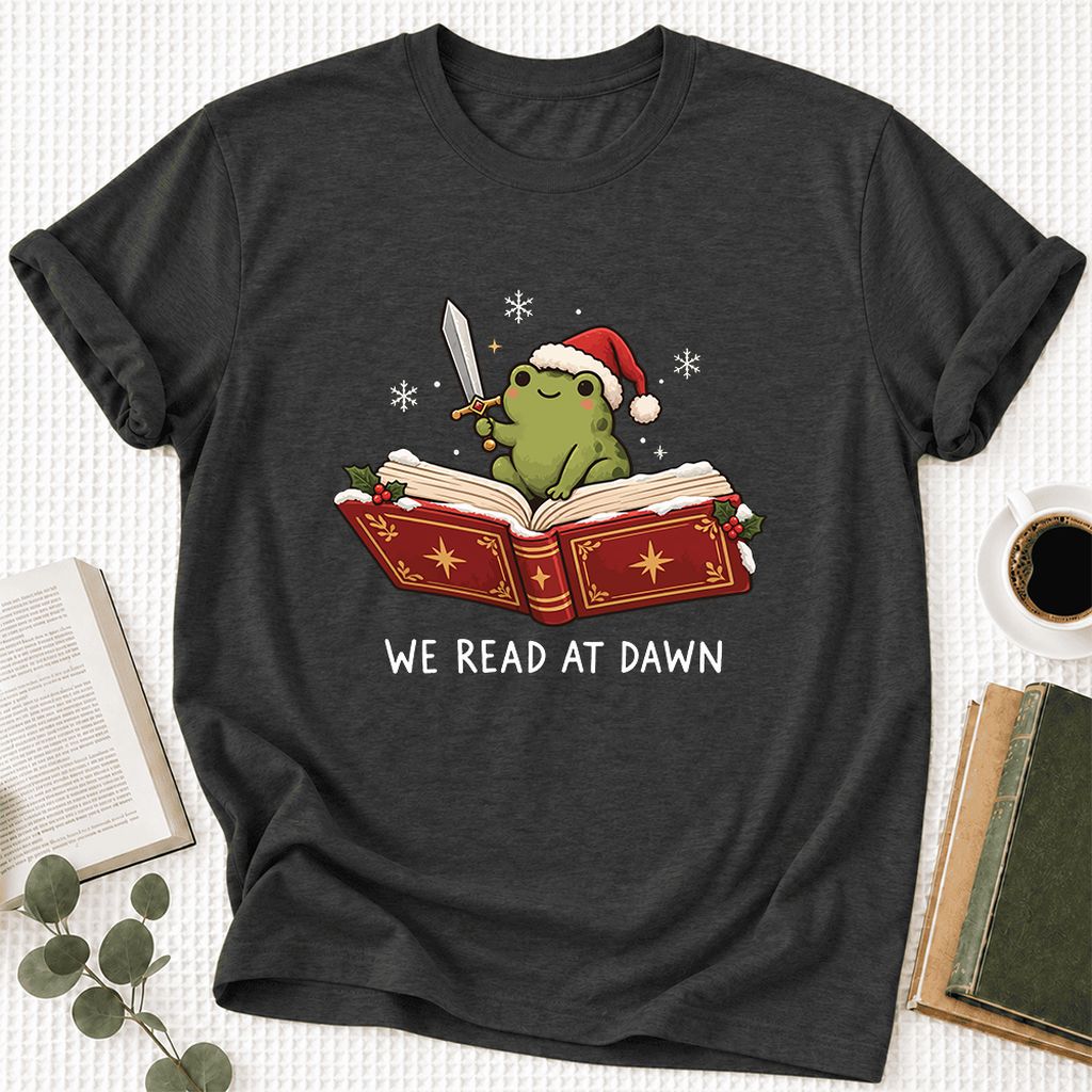 We Read At Dawn Frog Printed Ultra-Soft Cotton T-Shirt | Christmas Reader Gift Dark Grey Heather