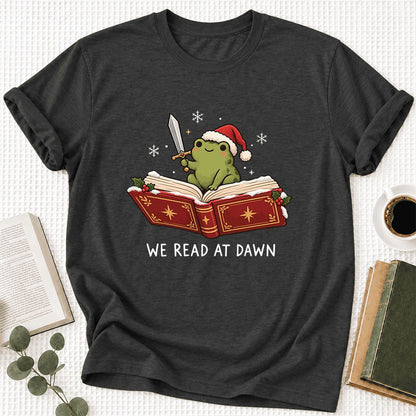 We Read At Dawn Frog Printed Ultra-Soft Cotton T-Shirt | Christmas Reader Gift Dark Grey Heather