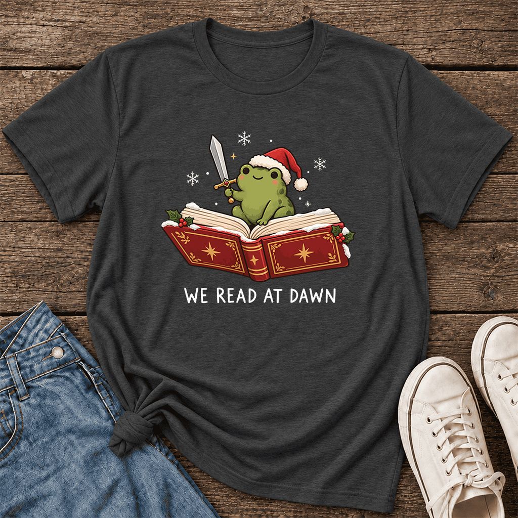 We Read At Dawn Frog Printed Ultra-Soft Cotton T-Shirt | Christmas Reader Gift Dark Grey Heather