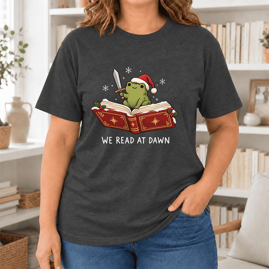 We Read At Dawn Frog Printed Ultra-Soft Cotton T-Shirt | Christmas Reader Gift Dark Grey Heather