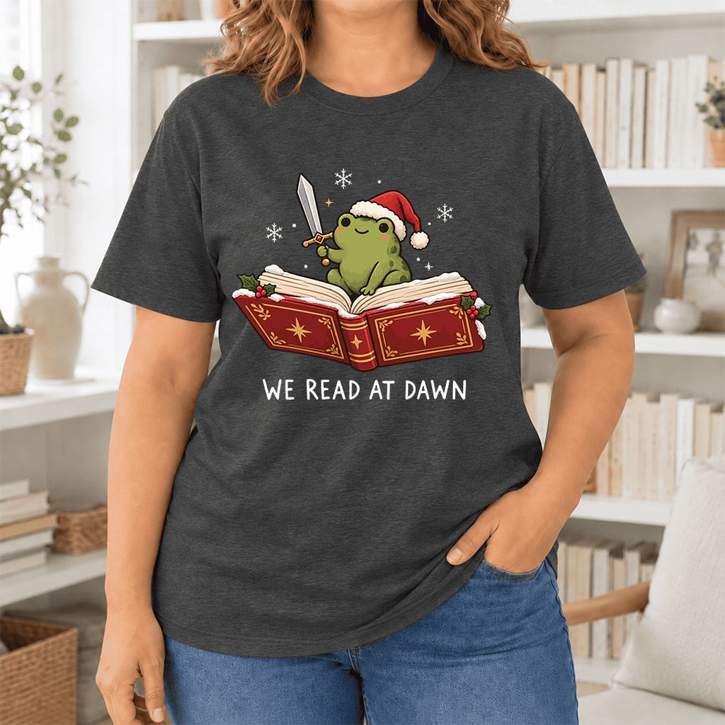 We Read At Dawn Frog Printed Ultra-Soft Cotton T-Shirt | Christmas Reader Gift Dark Grey Heather