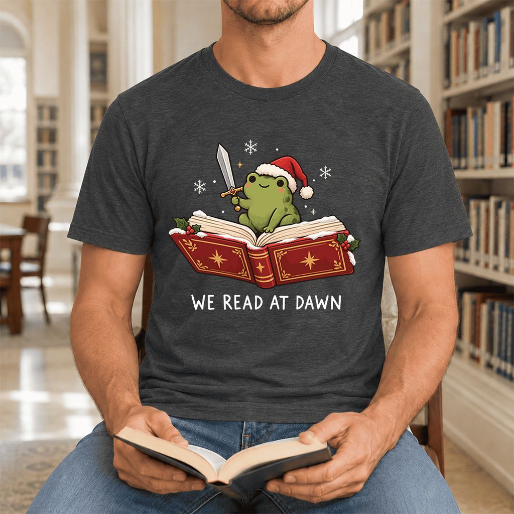 We Read At Dawn Frog Printed Ultra-Soft Cotton T-Shirt | Christmas Reader Gift Dark Grey Heather