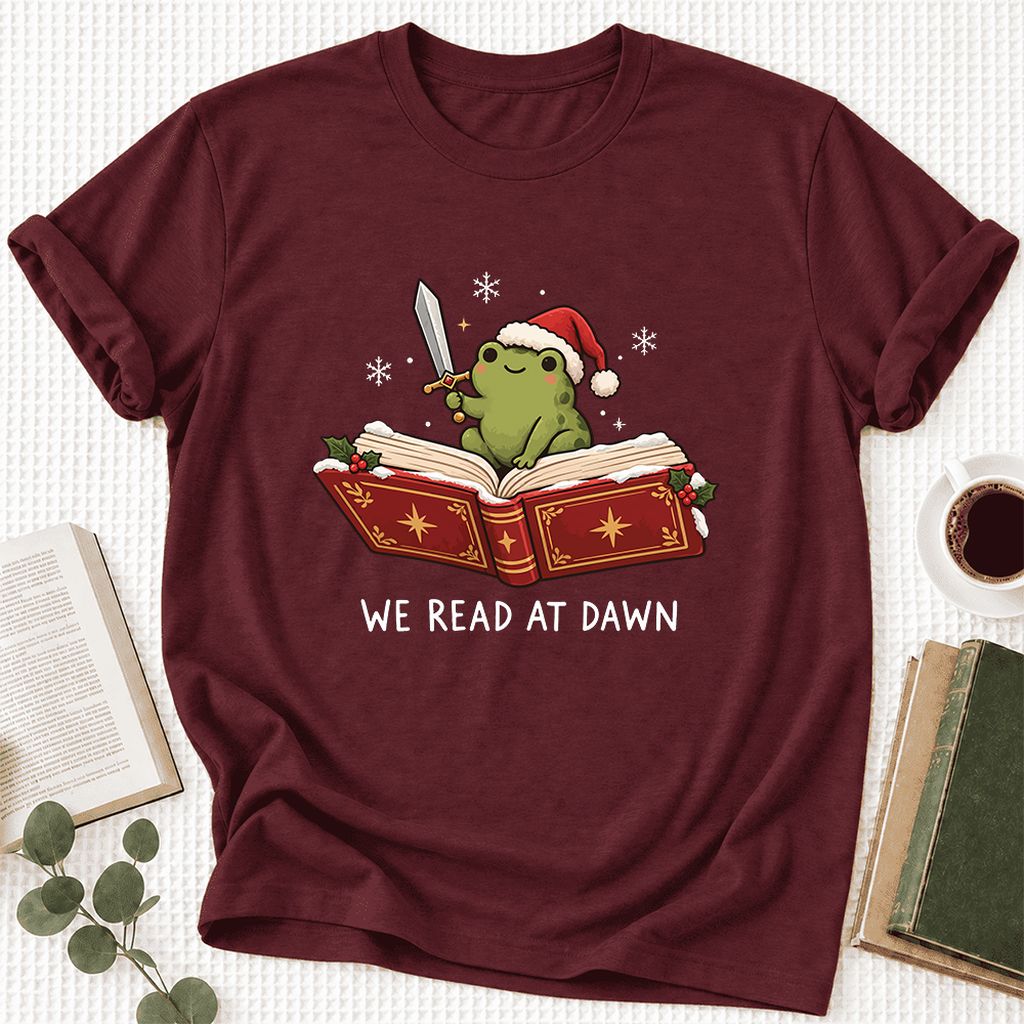 We Read At Dawn Frog Printed Ultra-Soft Cotton T-Shirt | Christmas Reader Gift Maroon
